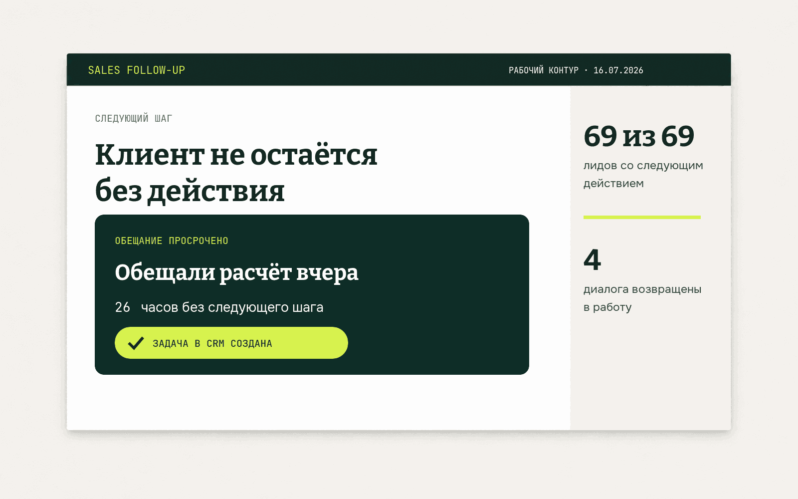 Синтетический экран Sales Follow-up с просроченным обещанием, созданной CRM-задачей и проверенными метриками